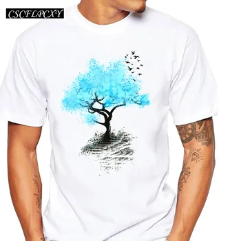 

Newest 2019 men's fashion short sleeve t-shirt blue tree and birds printed tee shirts Hipster O-neck popular tops