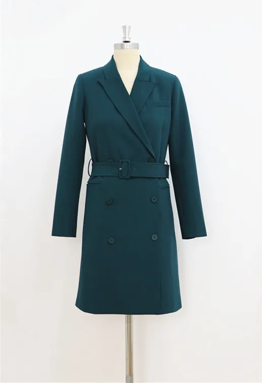 pine green Элегантный черный/Бургундский/серый/сосновый Зеленый Длинный блейзер платье Стильный двубортный классический блейзер из ацетата с поясом - Цвет: pine green