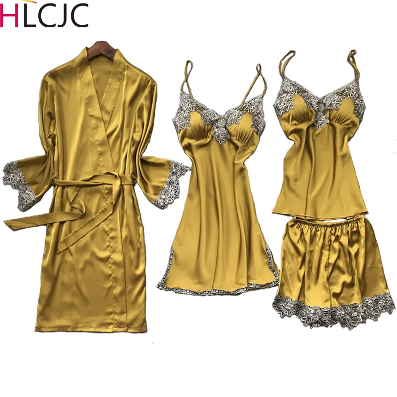 Пижамный комплект Женский атласный из 4 предметов кружевная Пижама элегантная