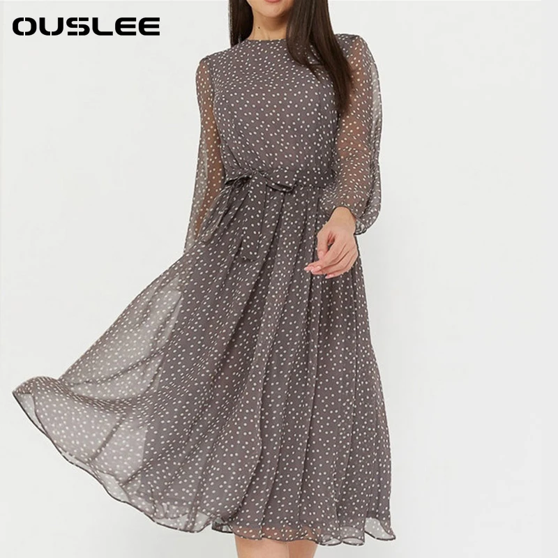 

OUSLEE Woman Dress Elegant Dot Print Long Sleeve Spring Dresses Casual Chiffon A Line Dress Women Vintage Midi Vestidos De Fiest
