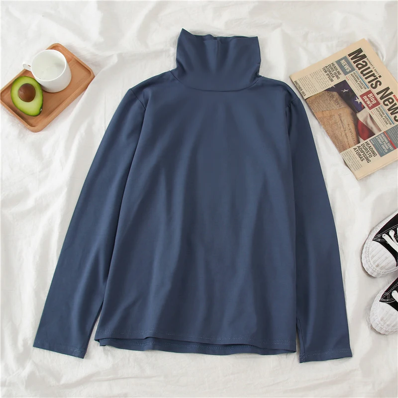 Turtleneck Blue Женская футболка с высоким воротником GCAROL, эластичная футболка в полоску с длинными рукавами и спущенными плечами, без подкладки - Цвет: Turtleneck Blue