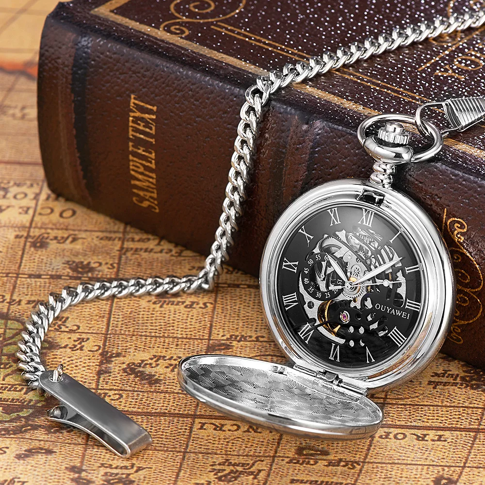 Luxury OYW Hand Winding Mechanical Silver Men Pocket Watch Skeleton Dial Steel necklace Chain Pendant Vintage Dress Fob Watches