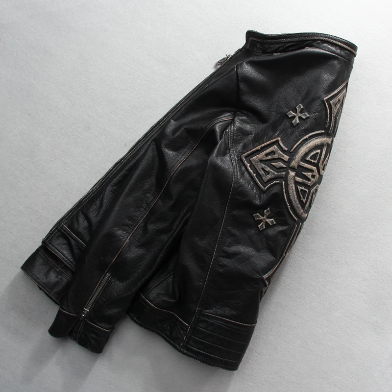 Одежда, потертая винтажная черная коровья кожа, куртка на молнии, натуральная кожа, мотоциклетная кожа, стоячий воротник, XXXXXL