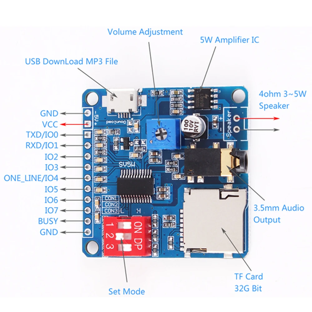 Модуль воспроизведения голоса MP3 музыкальный плеер UART I/O триггер усилитель класса D 5 Вт SD/TF карта для Arduino 64 Мбит 8 м хранения