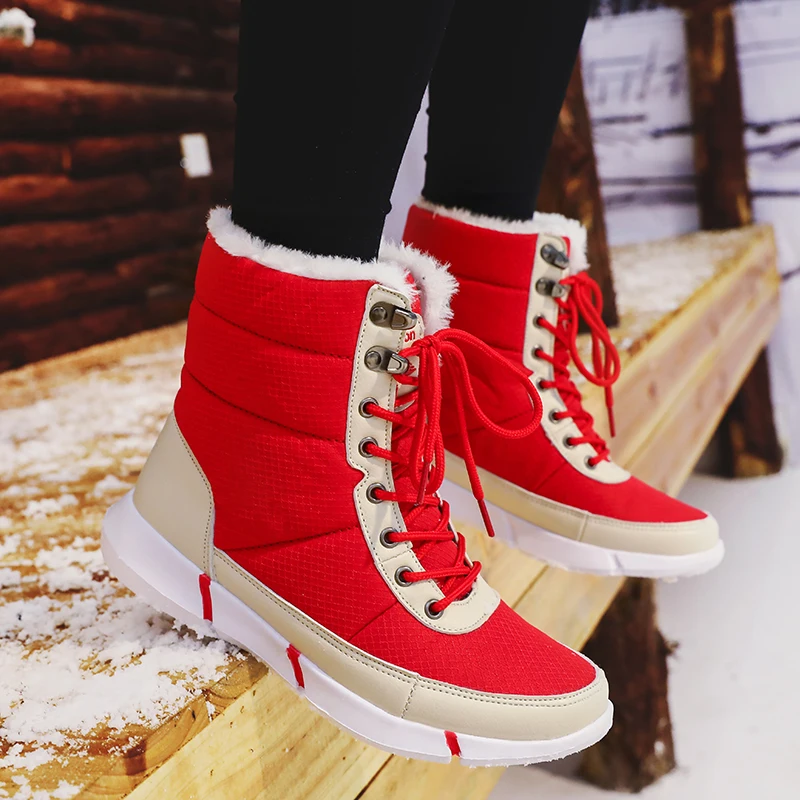 STS/женские зимние ботильоны теплая водонепроницаемая хлопковая обувь на меху, удобная уличная Нескользящая прогулочная обувь размера плюс