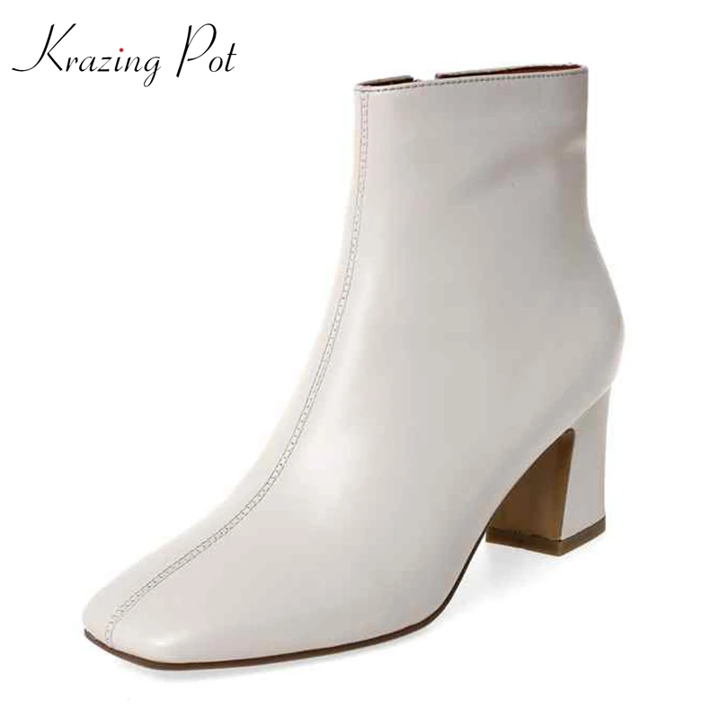 

krazing pot full grain leather high heels Pastoral boots square toe big size keep warm movie star winter shoes ankle boots lwf1