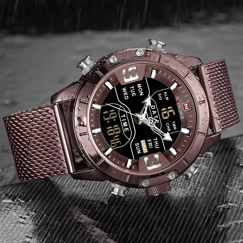 NAVIFORCE 2019 New Men Top fashion Sport Analog Digital Watches LED Stainless Steel Waterproof Men'