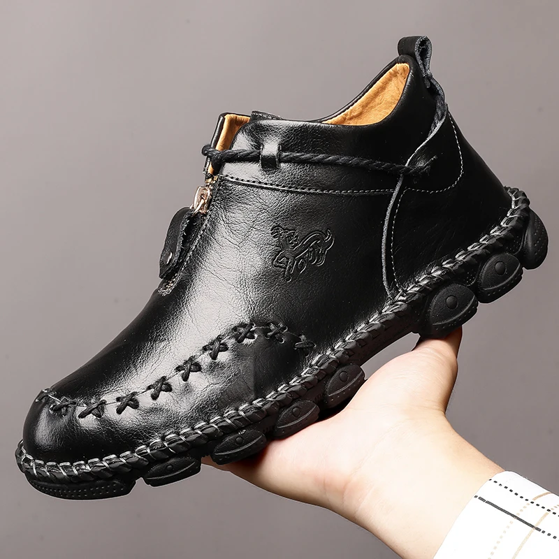 Высококачественные мужские ботинки из натуральной кожи модная обувь на молнии мужские коричневые ботильоны из коровьей кожи осень размера плюс 38-48 - Цвет: Черный