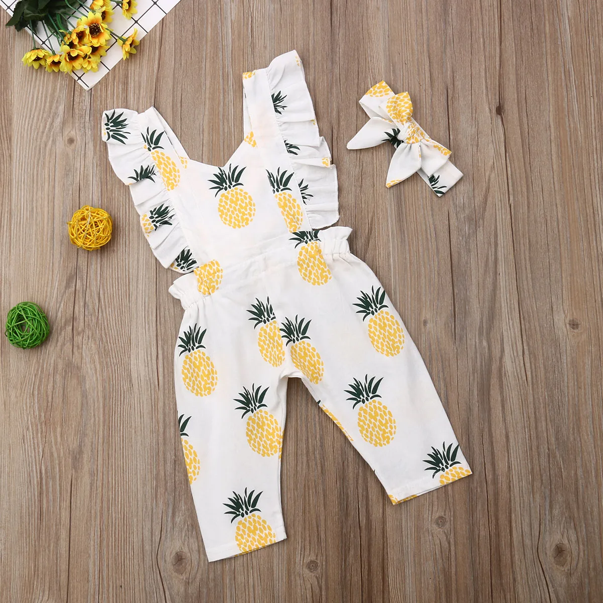 Baby Romper 2Pcs Newborn Baby Girls Pineapple Clothes Ruffle Sleeve Romper Jumpsuit Outfit Size 0-24M
