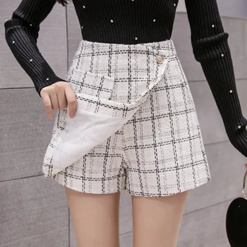 Pantalones cortos de lana elegantes para mujer, ropa de abrigo de pierna ancha de cintura alta, falda de botín a cuadros, 2020