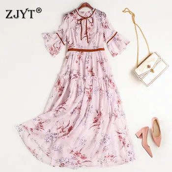 

2020 New Fashion Runway Designers Spring Dress Woman Clothes Elegant Flare Sleeves Floral Print Beach Midi Chiffon Dress