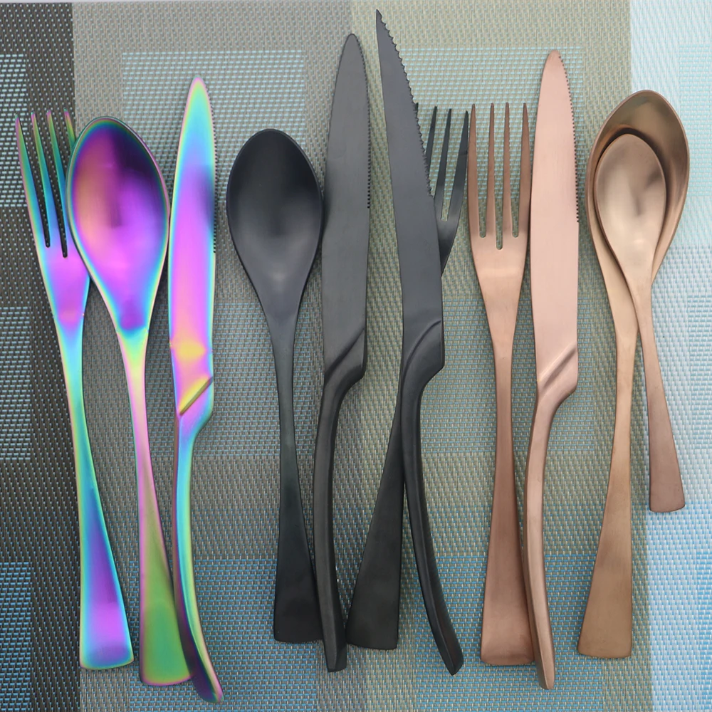 

24pcs Black Metal Flatware Set Knife Fork Spoon Set Stainless Steel Cutlery Set Reusable Dinnerware Set Restaurant Accessories