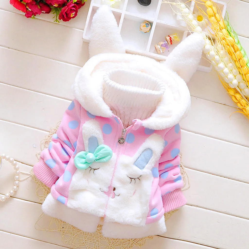 Girls Wool Coat For Girls Winter Warm Thickening Kids Outwear Clothing For Kids Baby Girl Warm Thick Rabbit Ears Hooded Jacket