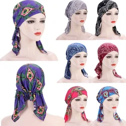 Fashion Printed Turban Hat Cotton Baotou Cap Muslim Stretch Head Scarf Turban Bonnet Women Inner Hijabs Chemotherapy Underscarf