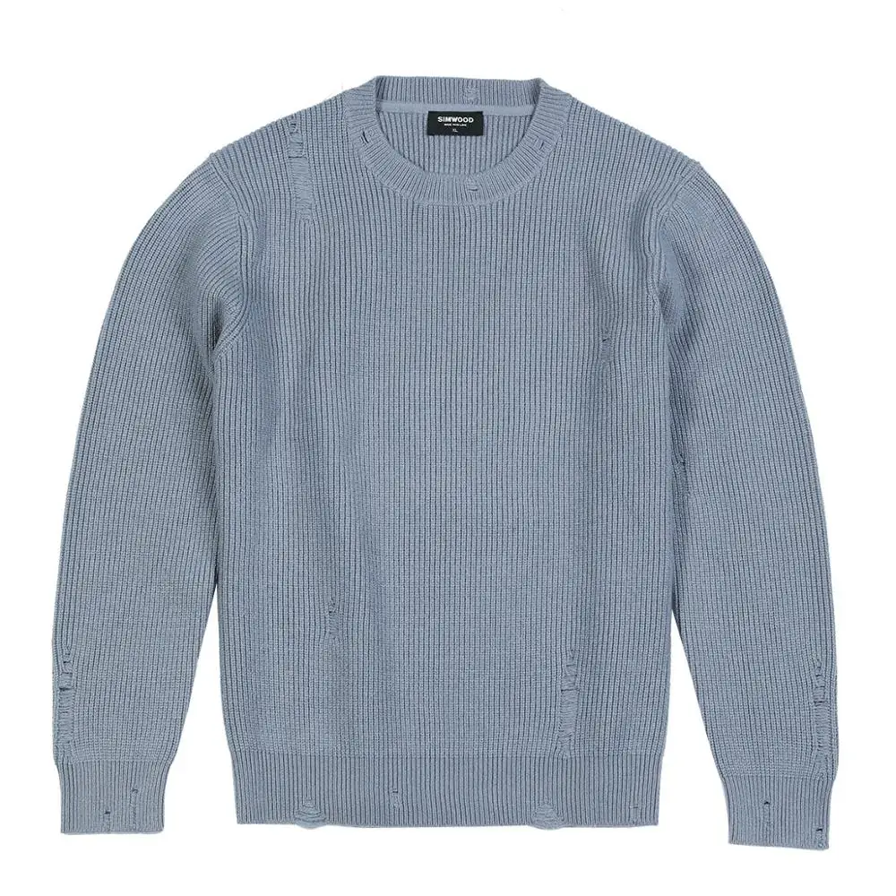 SIMWOOD осень зима потертый пуловер свитер мужской рваные с дырками теплый трикотаж размера плюс Повседневные свитера SI980566 - Цвет: grey blue