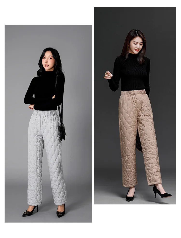 Women Winter Down Pants Warm Elastic High Waist Trousers Down Cotton Padded Quilted Straight Straight Wide Leg Pants cropped leggings