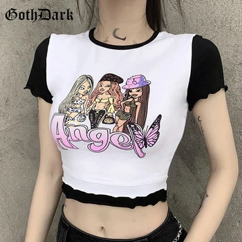

Goth Dark Aesthetic Gothic Letter And Graphic Printing Crop Tops Ruffles Hem Short Sleeve Skinny T-shirts For Women White Cloth