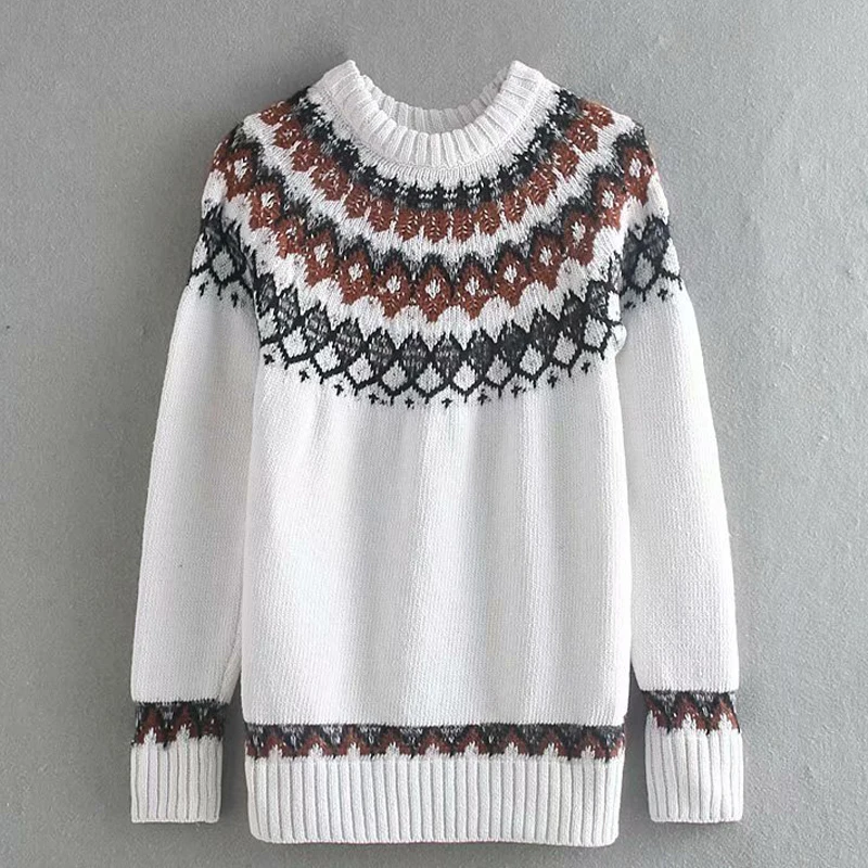 

Fandy Lokar Jacquard Sweaters Women Fashion O Neck Sweater Women Elegant Geometric Long Sleeve Sweaters Female Ladies IW