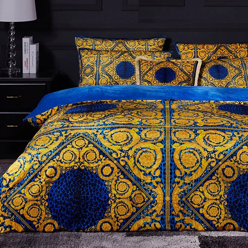 Yellow and Blue Высококачественный французский итальянский дизайн рококо Король Королева Размер кофе золотой цвет Зебра Леопард печать свадебные комплекты постельного белья - Цвет: Yellow and Blue