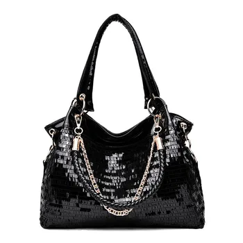 

2020 New Sequin Black Patent Leather Bag Women Bright Large Capacity Handbag Casual Hobos Crossbody Bag Sling Shoulder Purse
