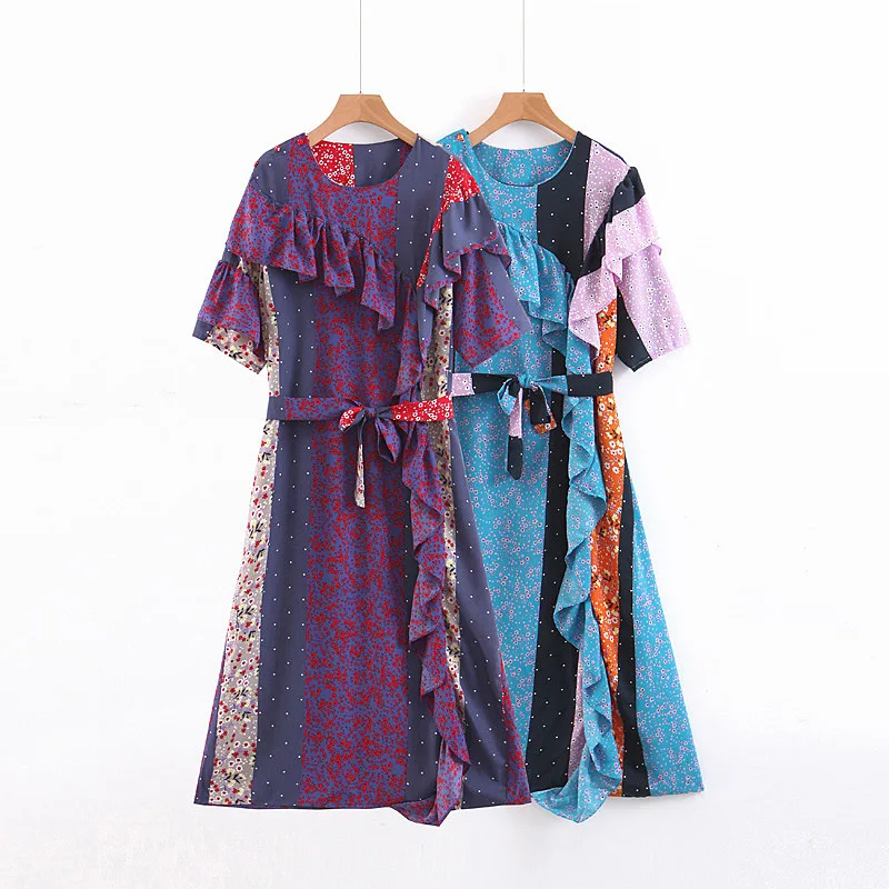 

2019 Summer New Style Women's Dress Flounced Polka Dot Floral Waist Hugging Slim Fit Mid-length Short-sleeve Dress 5150