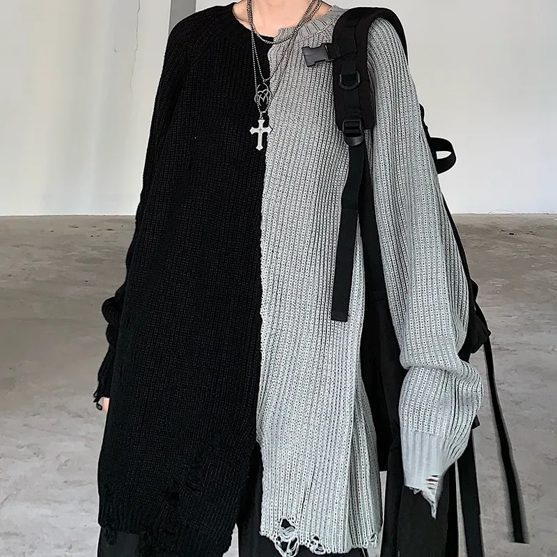 black ash Harajuku уличная цветная Лоскутная трикотажная длинная свободная Женская свитер с потертостями и дырками HipHop - Цвет: black ash