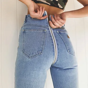 

New Jeans Women Back Zipper Slim High Waist Denim Blue Shinny Pencil Trousers Boyfriend Hole Jeans For Women Streetwear 2019 Hot