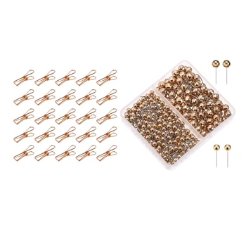 

325 Pcs Accessories: 300 Pcs Map Tacks Push Pins with Gold Round Head Steel Point & 25 Pcs Small Metal Clips - Multi-Purpose Clo