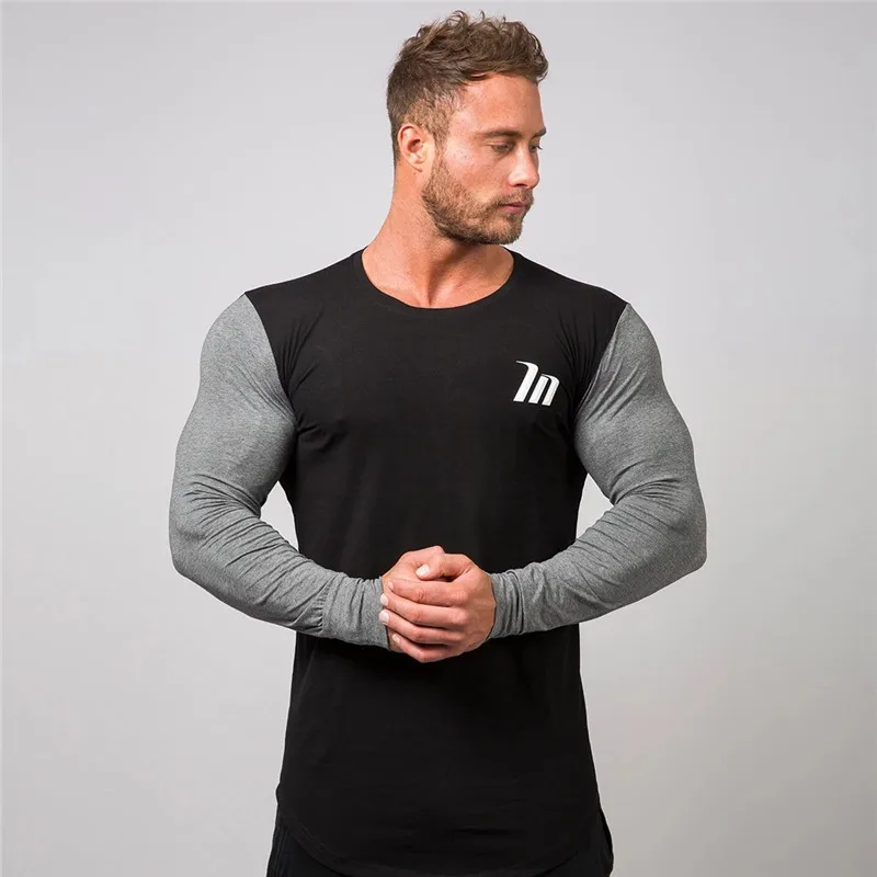 

Men Skinny Long Sleeve T-shirt Gyms Fitness Bodybuilding Shirts Male Casual Fashion Cotton Patchwork Tee Tops Summer Clothing