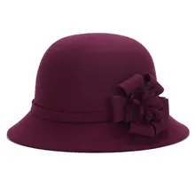 Sombrero elegante de fieltro de flores de moda para mujer, sombrero de cubo redondo cálido para vacaciones, sombrero de lana de imitación para otoño e invierno, sombrero ancho Vintage