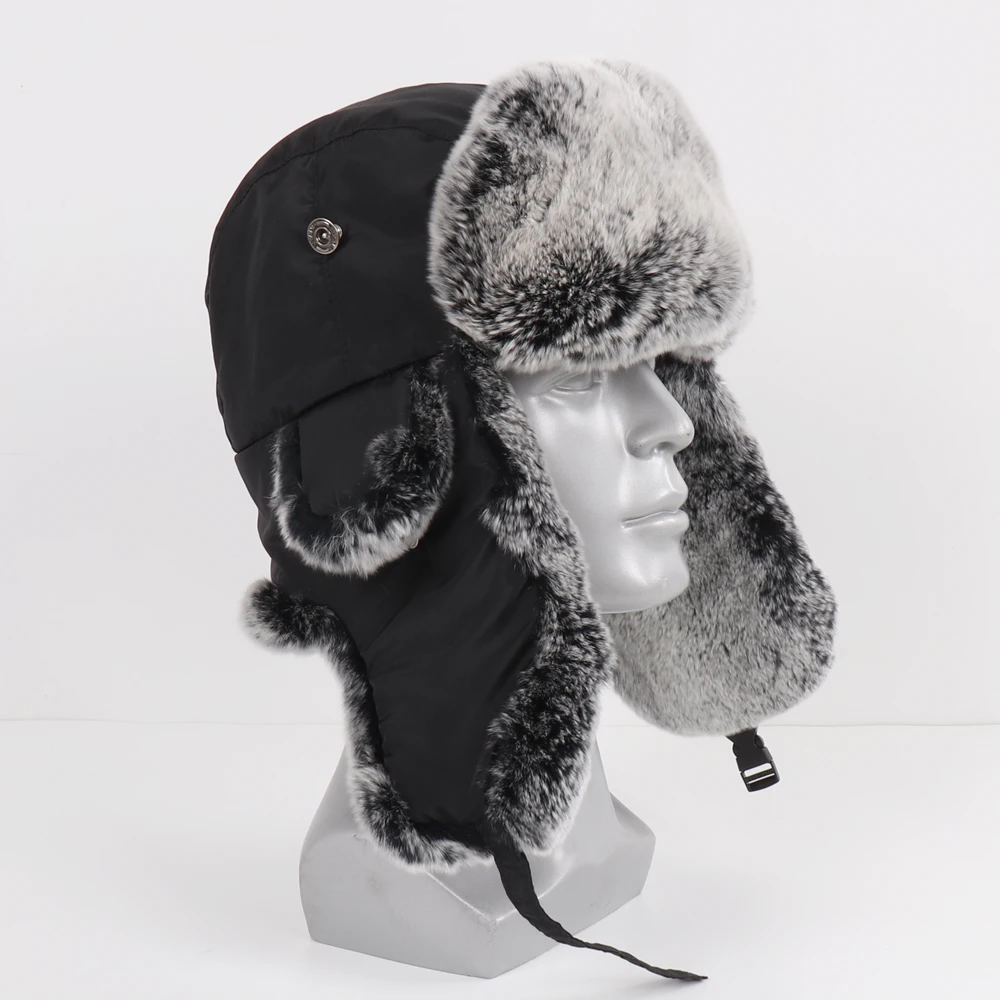 thermal aviator bomber winter hat New Russia Winter Real fur Hat Men Outdoor Windproof Super Warm Real Rex Rabbit Fur Bomber Hats Natural Soft Rex Rabbit Fur Caps fur bomber hat mens