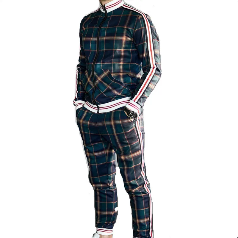 

Autumn Winter Men's Long-sleeve Set Tracksuit Men Fashion Plaid Tracksuit Casual Sports Clothing Running Sportswear Striped Suit