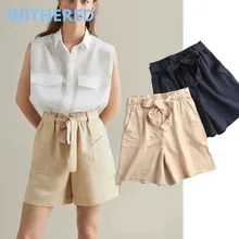 

Dave&Di england vintage solid simple high waist sashes loose summer bermuda shorts women cargo pockets short feminino plus size