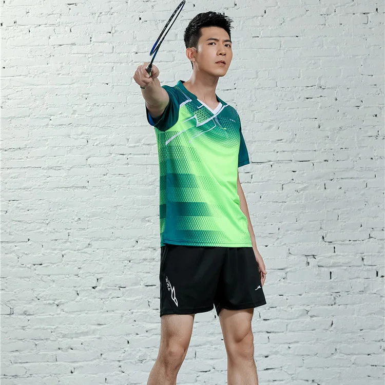 Быстросохнущий костюм для бадминтона с v-образным вырезом для мужчин и женщин, костюм для настольного тенниса из Джерси, Быстросохнущий и Проветриваемый, группа buyi - Цвет: A2623male3