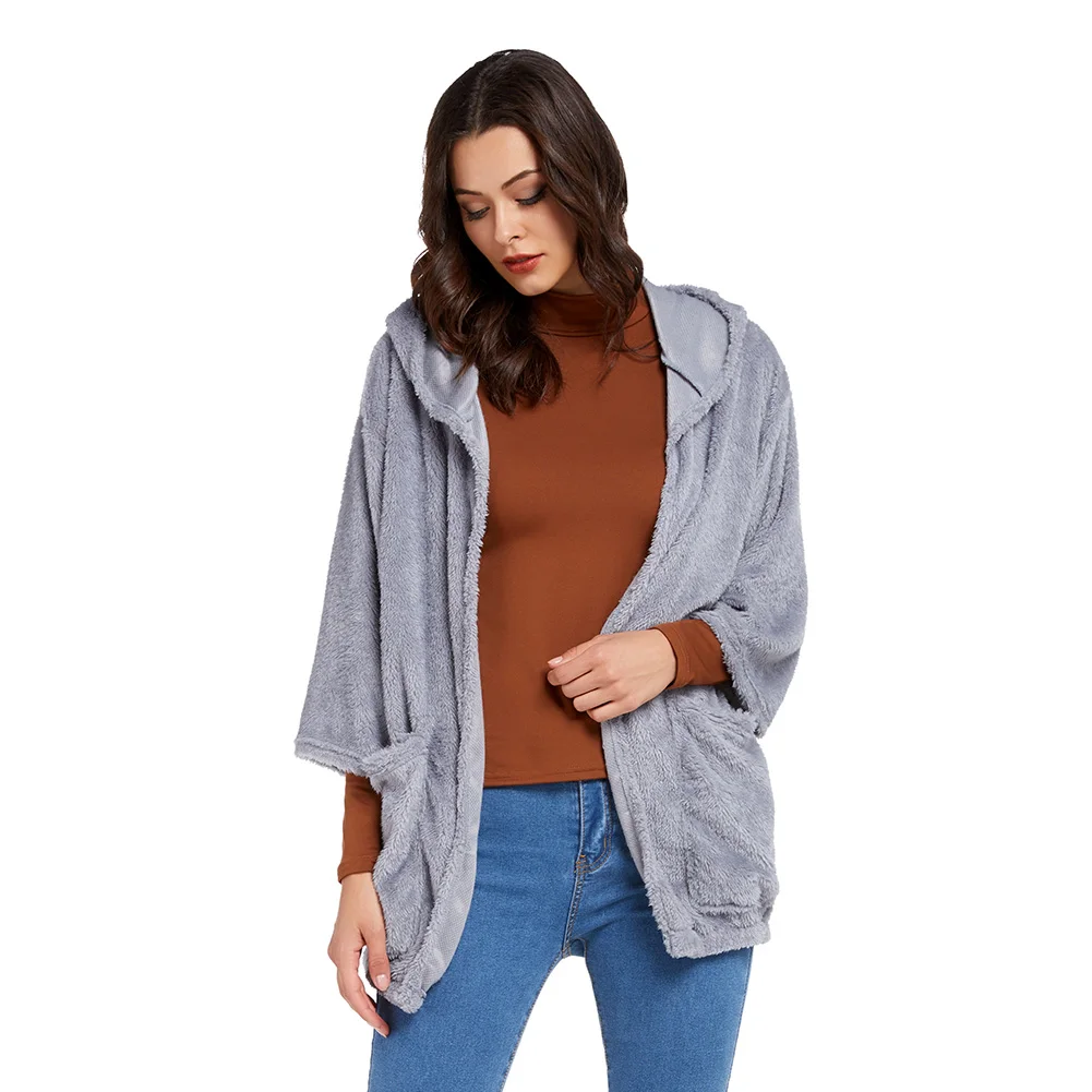 

Fadzeco 2019 Autumn Winter New Women's Plush Loose Long Section Seven-point Sleeve Hooded Cardigan Casual Top