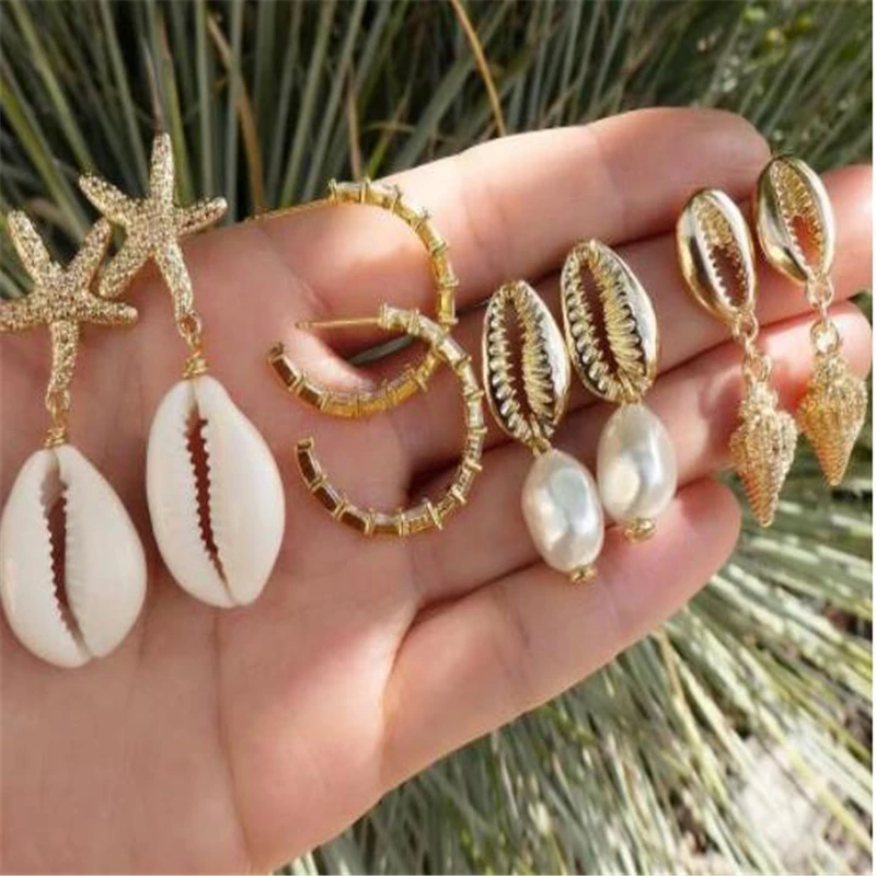 

HuaTang 4Pair/Set Boho Gold Shell Pearl Dangle Earrings for Women Beach Conch Starfish Drop Earring Set Jewelry Oorbellen F02101