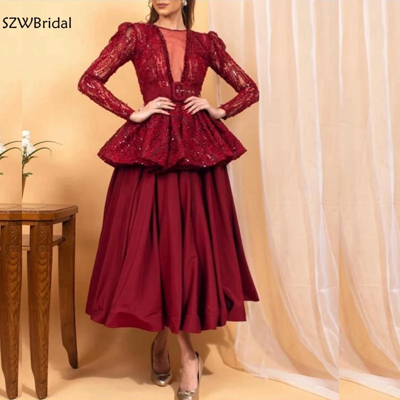 New Arrival Long sleeve evening dresses Burgundy Muslim evening dress Party abendkleid vestido festa