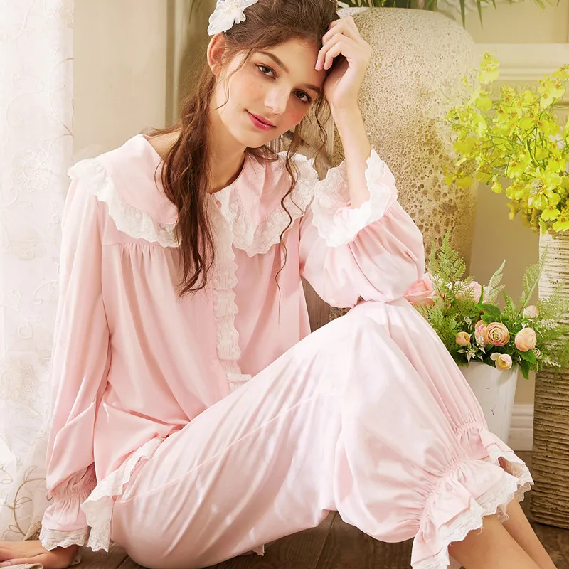 

2019 Women Pajama Set Cotton Nightwear Spring Autumn Long Sleeve Nightgown Pyjamas Pink Sleepwear Negligee Female Pijamas Mujer