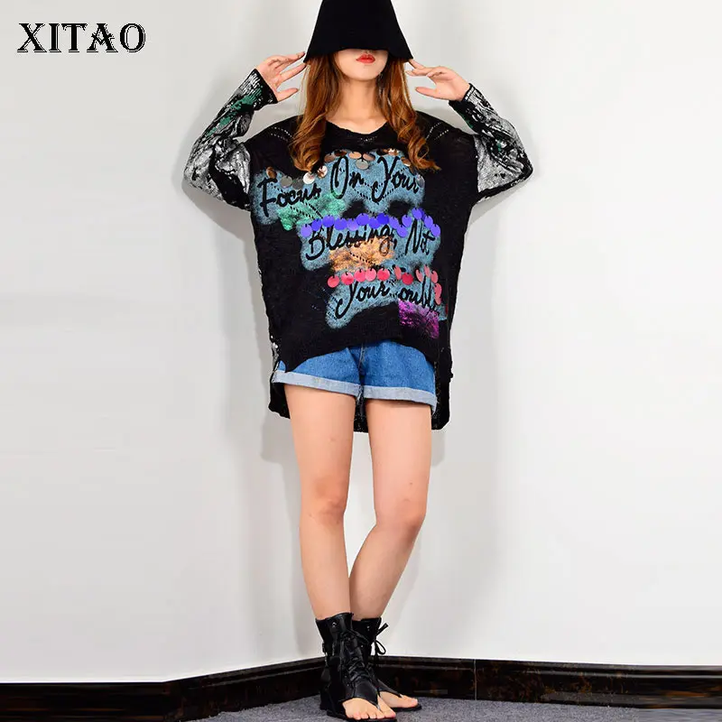 XITAO Sequins Letter Casual Pullover Sweater Women Autumn Tide Fashion New Style O Neck Collar Irregular Long Sleeve WQR1962 | Женская
