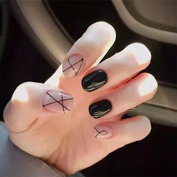 

24Pcs Simple Black Line Transparent fake press on nails Normal Square Matte Artificial Nail Tips with Glue for Home Office TY