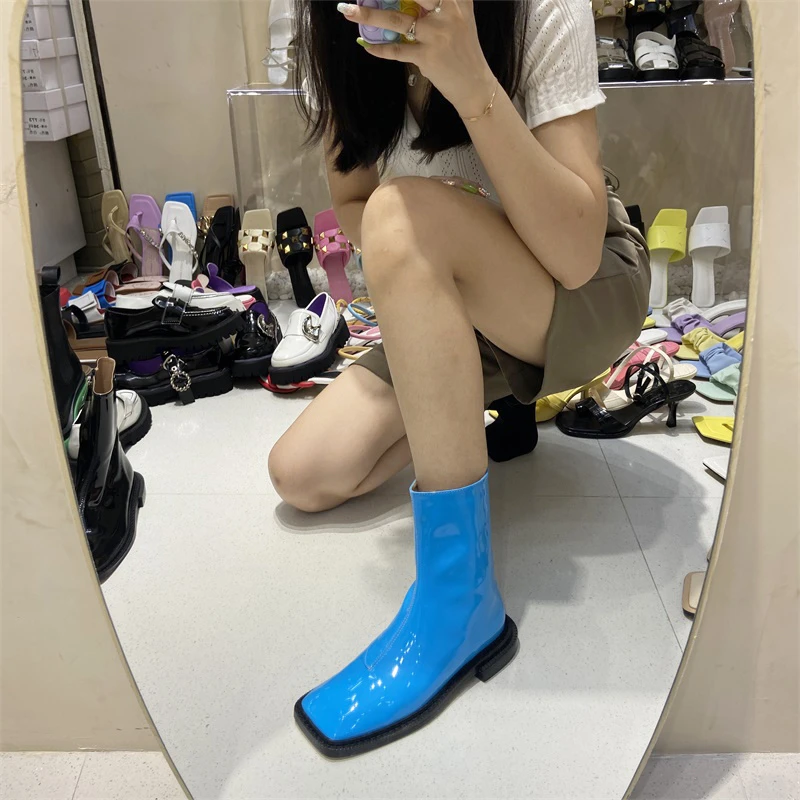 Botines de punta cuadrada mujer, botines planos gruesos de con lateral, color azul, negro y Beige, invierno, 35 40|Botas hasta el tobillo| - AliExpress