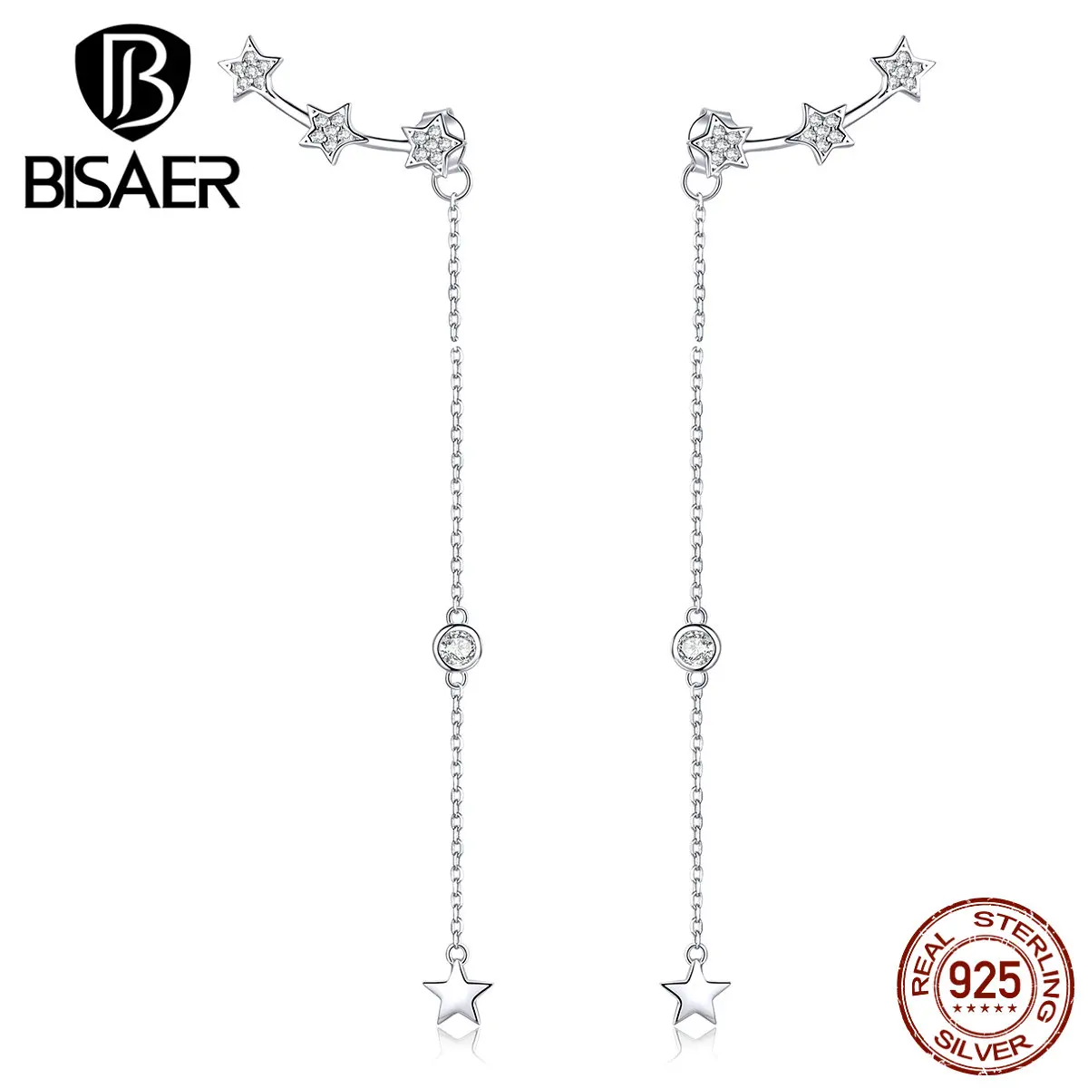 Серьги с кисточками BISAER, 925 пробы, серебро, светящаяся звезда, длинная цепочка, звезда, женские серьги-гвоздики, ювелирные изделия из стерлингового серебра ECE727