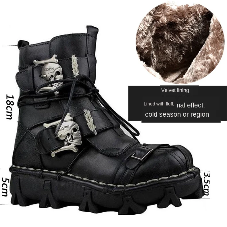 thumbnail image 1 of Botas de trabajo de cuero genuino para hombre, botas de combate militares, botas de moda Punk con calavera gótica, botas de motocicleta 50 Vintage, 1 of 5