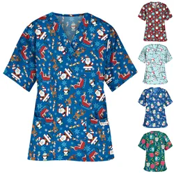 New Christmas Print Uniforms Pharmacy Hospital V-neck Scrubs Tops Breathable Beauty Salon Dentistry Pet Doctor Nurse Uniform
