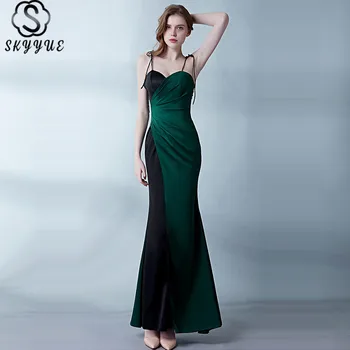 

Skyyue Evening Gown Backless Pleat Formal Dresses Sexy Sling Splice Color Robe De Soiree Elegant Mermaid Evening Dress 2019 H098