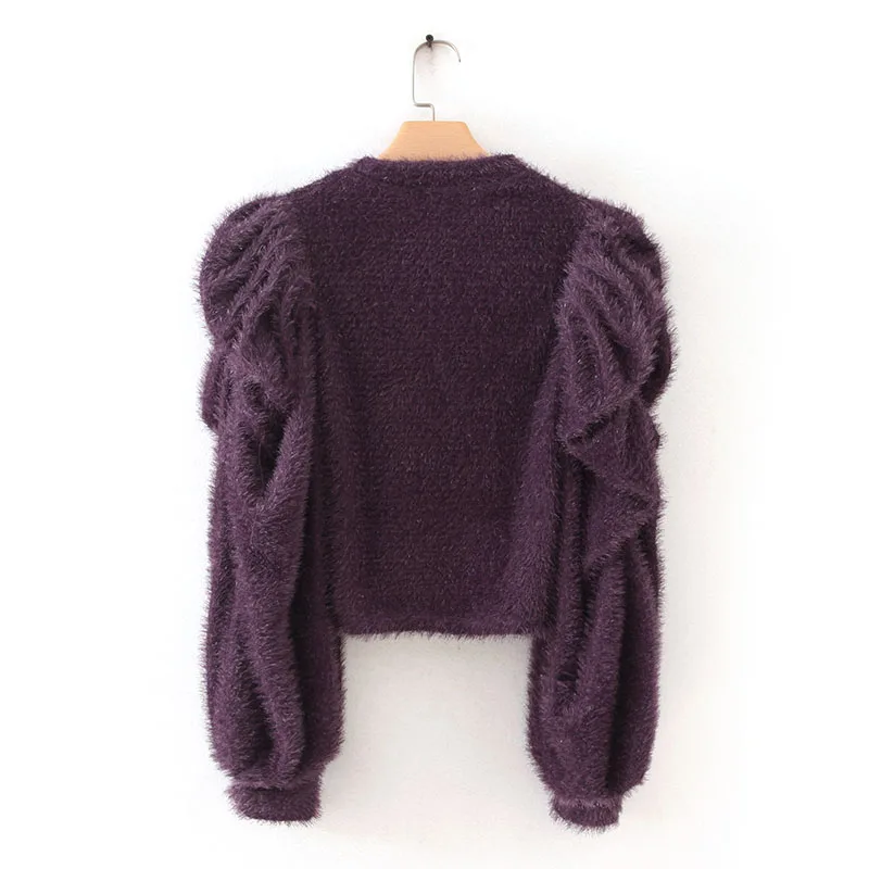 Стильный женский пуловер, осень, новая мода, эластичный искусственный свитер с мехом, тонкий женский топ с пышными рукавами