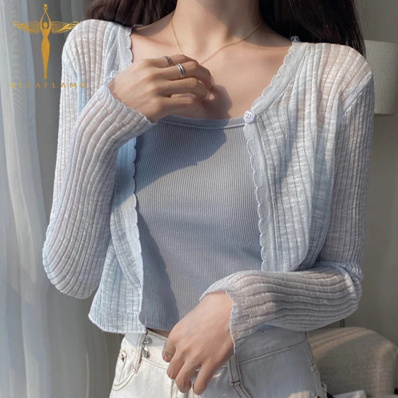 

Short Knitted Gentle Long Sleeve Women's t Shirt Ultra-Thin Korean Vintage Skinny Coat Top Casual Female Open Stitch T-Shirt