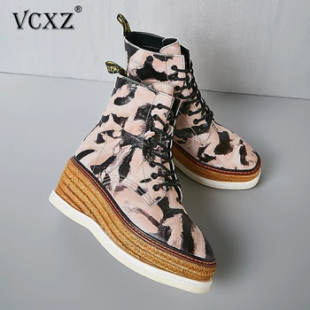 

VCXZ 2020 New women boot comfortable flat heel fashion round toe ladies Graffiti shoes genuine leather lace up printing boots