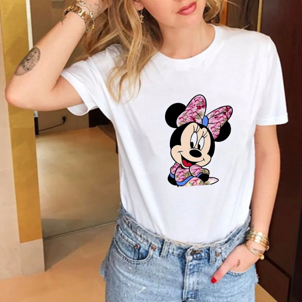 Camisetas con estampado de dibujos animados de Mickey Mouse para mujer, blancas informales manga corta con cuello Camisetas estampadas de moda Harajuku, Tops para mujer|Camisetas| -