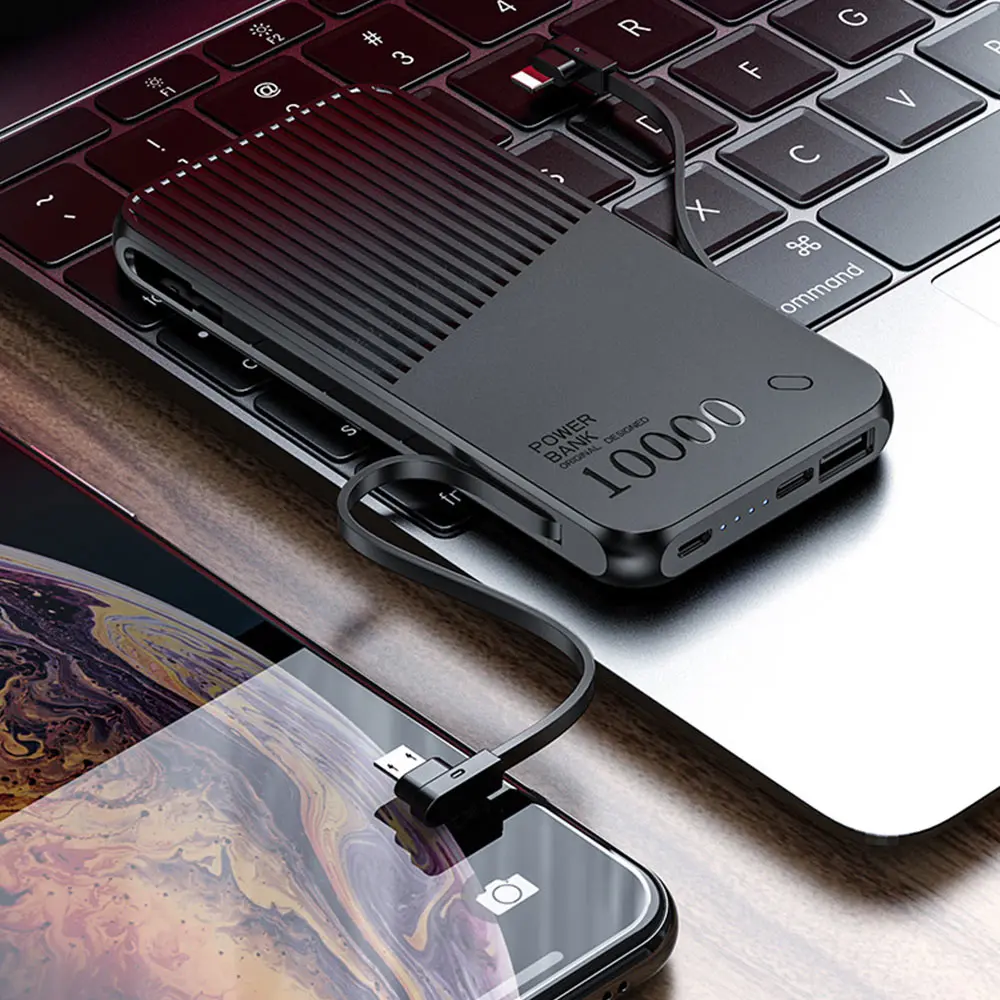 Ceny 10000mAh Power Bank podwójne kable USB bateria zewnętrzna dla iPhone 7 11 6 XR PowerBank dla Xiaomi Huawei przenośna ładowarka PoverBank